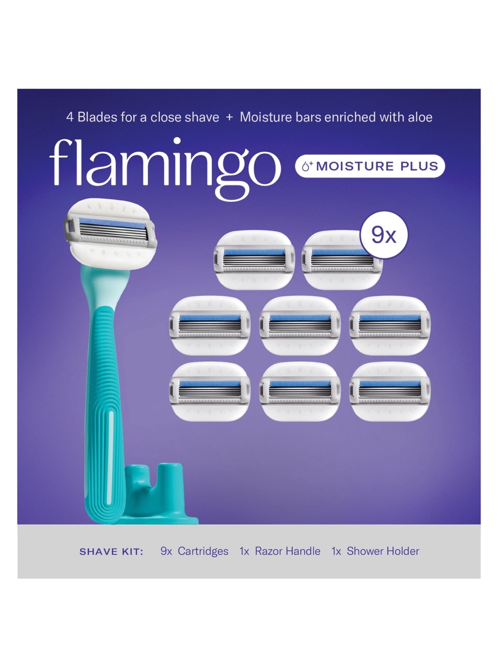 Flamingo Moisture Plus Razor Kit in Teal and White 9x Cartridges NWT